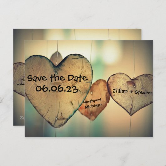 Rustieke houten harten - Save the Date Aankondigingskaart (Voorkant / Achterkant)