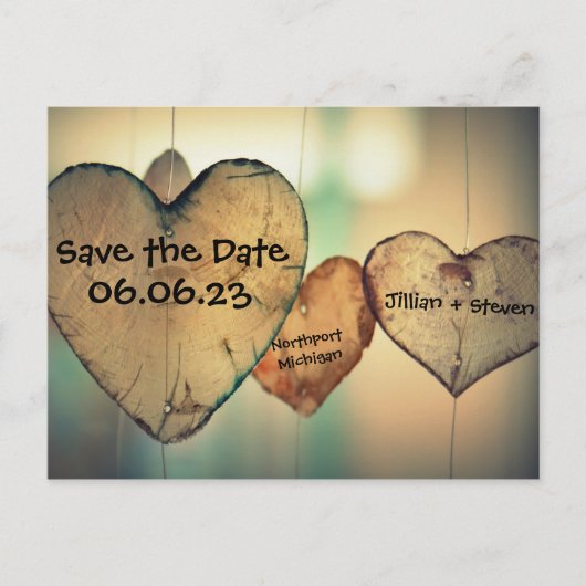 Rustieke houten harten - Save the Date Aankondigingskaart (Voorkant)