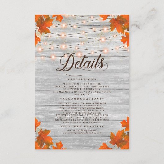 Rustieke Houten Herfst Bladeren & Lichten Bruiloft Informatiekaartje (Voorkant)