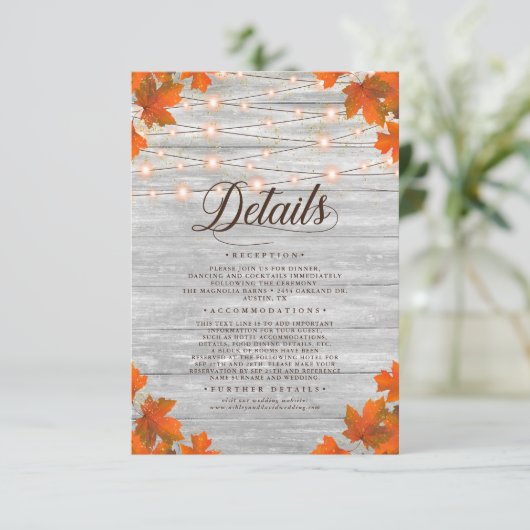 Rustieke Houten Herfst Bladeren & Lichten Bruiloft Informatiekaartje (Staand voorkant)