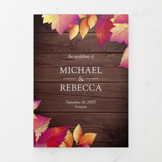 Rustieke houten Herfst herfstbladeren alles in één Drieluik Uitnodiging (Cover)