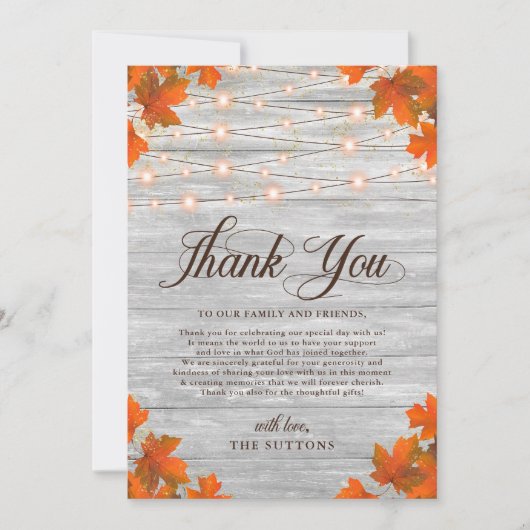 Rustieke Houten Herfst In Liefde String Lights Bru Bedankkaart (Voorkant)