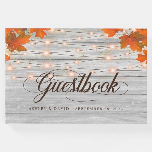 Rustieke Houten Herfst In Liefde String Lights Bru Gastenboek (Voorkant)