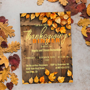 Rustieke houten herfstbladeren Thanksgiving-diner Kaart