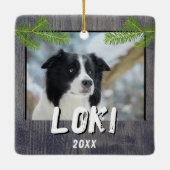 Rustieke Houten Hond Pet Foto Kerstmis Keepsake Keramisch Ornament (Achterkant)