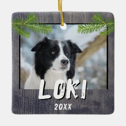 Rustieke Houten Hond Pet Foto Kerstmis Keepsake Keramisch Ornament (Voorkant)