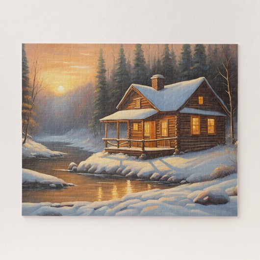Rustieke houten hut in het winterbos legpuzzel (Horizontaal)