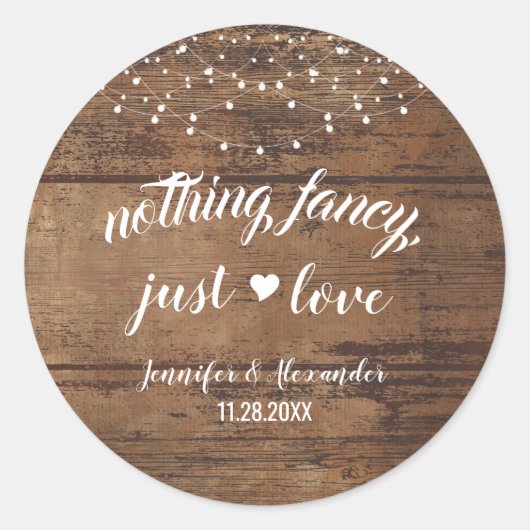 Rustieke Houten Huwelijksreceptie Ronde Sticker (Voorkant)