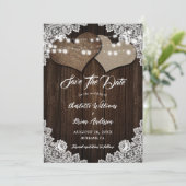 Rustieke houten jute en kant trouw save the date (Staand voorkant)