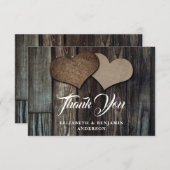Rustieke houten jute harten bruiloft bedankkaart (Voorkant / Achterkant)