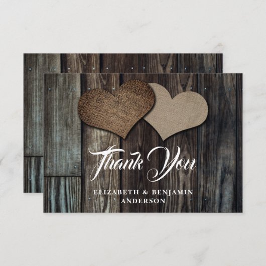 Rustieke houten jute harten bruiloft bedankkaart (Voorkant / Achterkant)