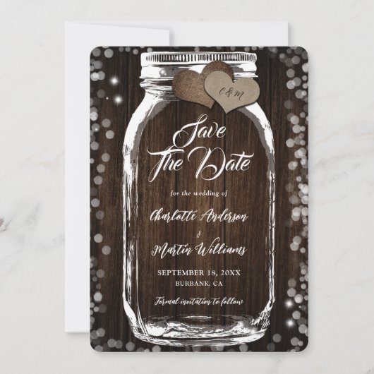 Rustieke houten jute harten Mason Jar bruiloft Save The Date (Voorkant)