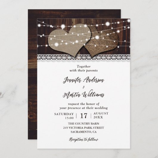 Rustieke houten jute harten string verlichting bru kaart (Voorkant / Achterkant)