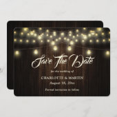 Rustieke houten jute harten string verlichting bru save the date (Voorkant / Achterkant)