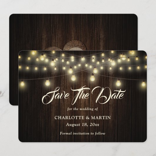 Rustieke houten jute harten string verlichting bru save the date (Voorkant / Achterkant)