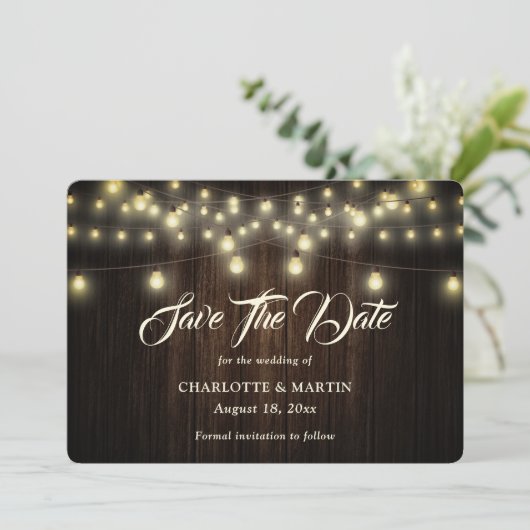 Rustieke houten jute harten string verlichting bru save the date (Staand voorkant)