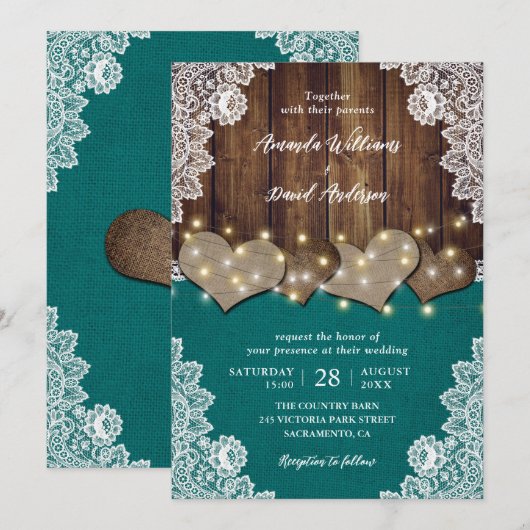 Rustieke houten jute kant Blauwgroen bruiloft uitn Kaart (Voorkant / Achterkant)