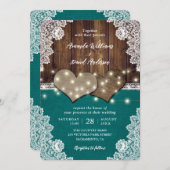 Rustieke houten jute kant Blauwgroen bruiloft uitn Kaart (Voorkant / Achterkant)