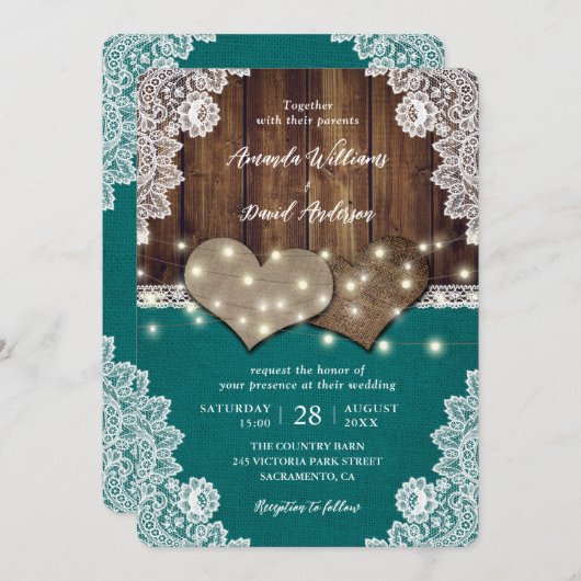 Rustieke houten jute kant Blauwgroen bruiloft uitn Kaart (Voorkant / Achterkant)