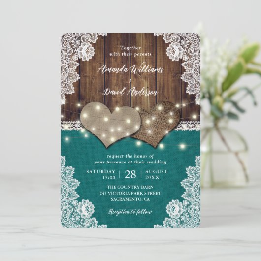 Rustieke houten jute kant Blauwgroen bruiloft uitn Kaart (Staand voorkant)