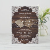 Rustieke houten jute kant bruiloft uitnodiging (Staand voorkant)