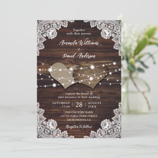 Rustieke houten jute kant bruiloft uitnodiging (Staand voorkant)