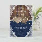 Rustieke houten jute kant marine bruiloft uitnodig kaart (Staand voorkant)