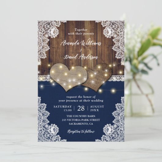 Rustieke houten jute kant marine bruiloft uitnodig kaart (Staand voorkant)