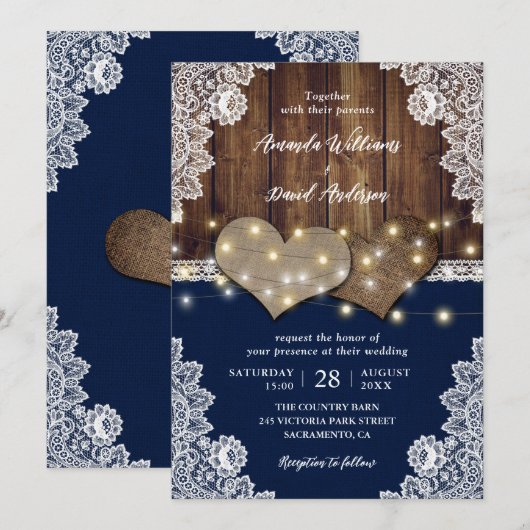 Rustieke houten jute kant marine bruiloft uitnodig kaart (Voorkant / Achterkant)