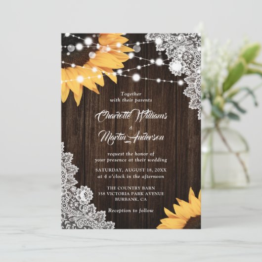 Rustieke houten jute kant zonnebloem bruiloft kaart (Staand voorkant)