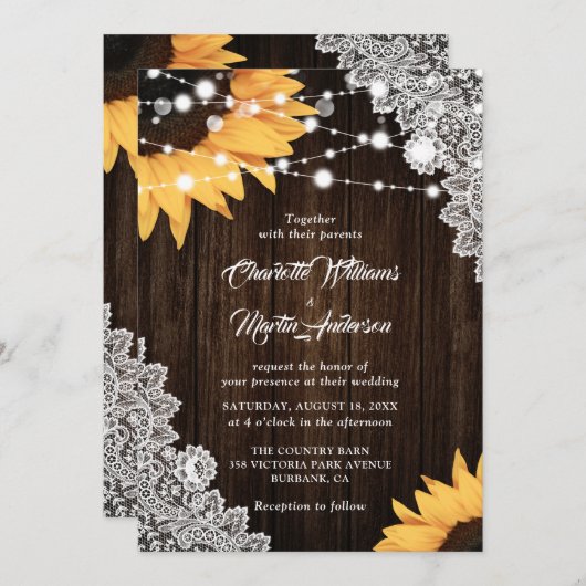 Rustieke houten jute kant zonnebloem bruiloft kaart (Voorkant / Achterkant)