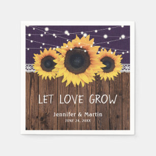 Rustieke houten jute kant zonnebloem Paarse bruilo Servet