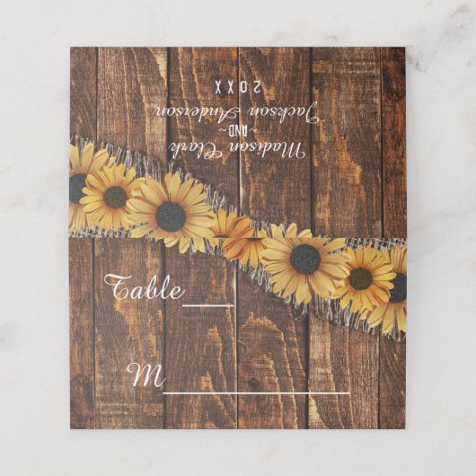 Rustieke houten jute zonnebloem bruiloft tafel num plaatskaartje (Buitenkant ongevouwen)