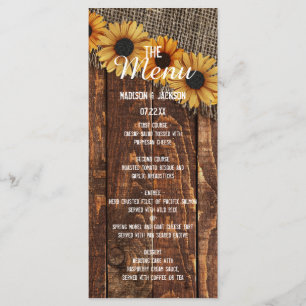 Rustieke houten jute Zonnebloem Land Bruiloft Menu