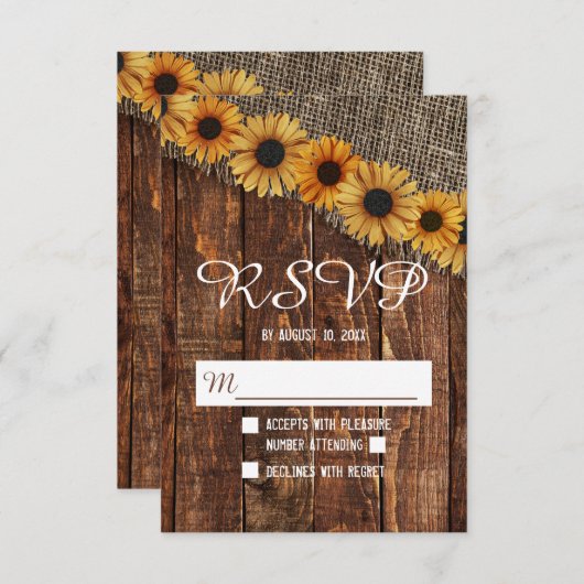 Rustieke houten jute Zonnebloem Land Bruiloft RSVP (Voorkant / Achterkant)