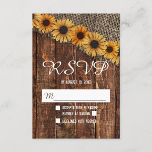 Rustieke houten jute Zonnebloem Land Bruiloft RSVP Kaartje