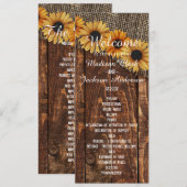 Rustieke houten & jute zonnebloem trouwprogramma programmakaart (Voorkant / Achterkant)