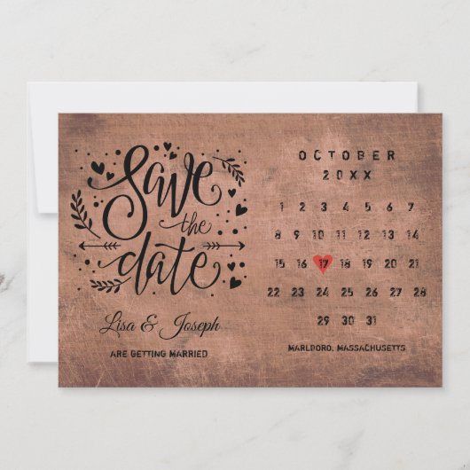Rustieke Houten Kalender Rode Liefdeshart Save The Date (Voorkant)