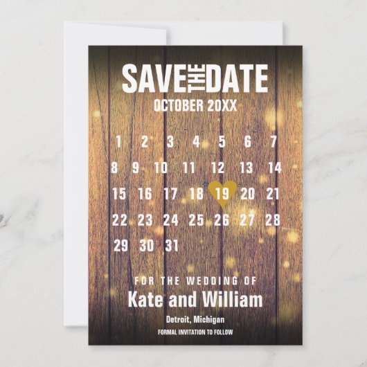 Rustieke Houten Kalender Save the Date Kaart (Voorkant)