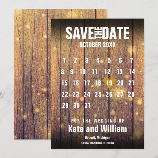 Rustieke Houten Kalender Save the Date Kaart (Voorkant / Achterkant)