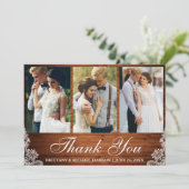 Rustieke houten kant 3 foto bruiloft dank u bedankkaart (Staand voorkant)