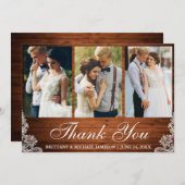 Rustieke houten kant 3 foto bruiloft dank u bedankkaart (Voorkant / Achterkant)