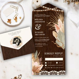 Rustieke houten kant Boho gedroogde palm Pampas br All In One Uitnodiging