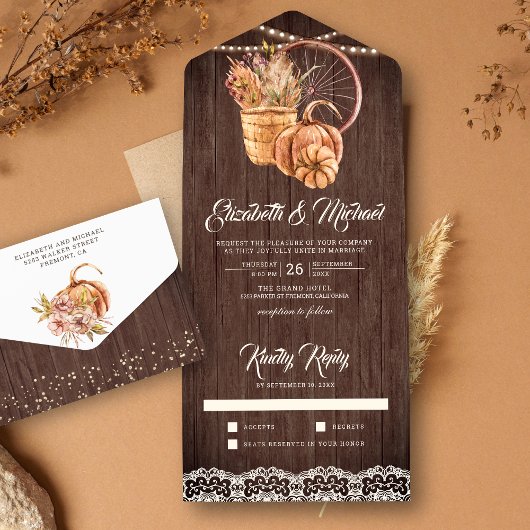 Rustieke Houten Kant Boho Pompoen Herfst Bruiloft All In One Uitnodiging
