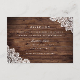 Rustieke houten  kant bruiloft receptie kaart