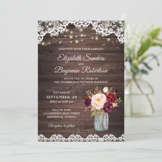 Rustieke Houten Kant Burgundy Blush Mason Jar Brui Kaart (Staand voorkant)