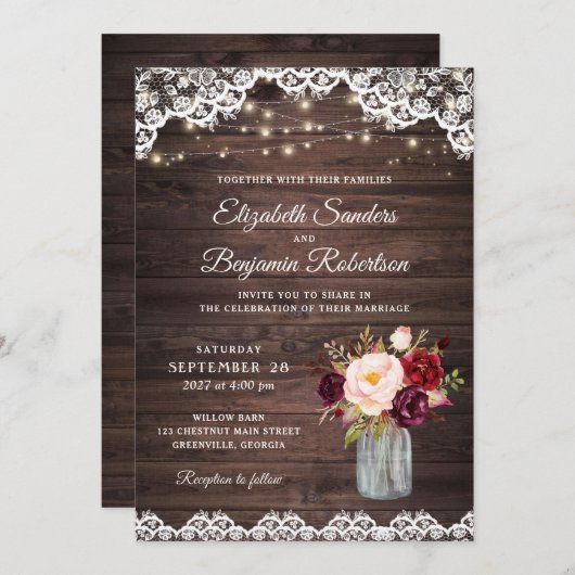 Rustieke Houten Kant Burgundy Blush Mason Jar Brui Kaart (Voorkant / Achterkant)