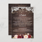 Rustieke Houten Kant Burgundy Blush Trouwdetails Kaart (Voorkant / Achterkant)