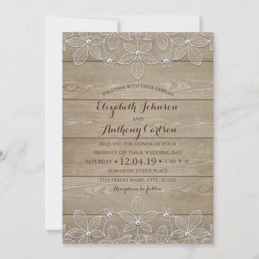 Rustieke Houten Kant Elegante  Luxe Huwelijk Kaart (Voorkant)