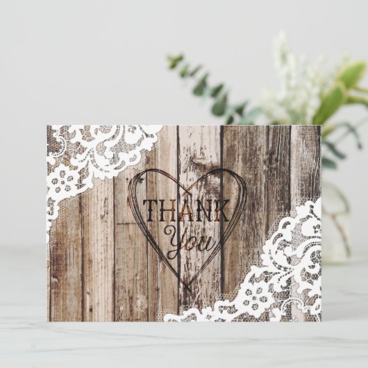 Rustieke Houten Kant en Hart Etsen Dank u Bedankkaart (Staand voorkant)